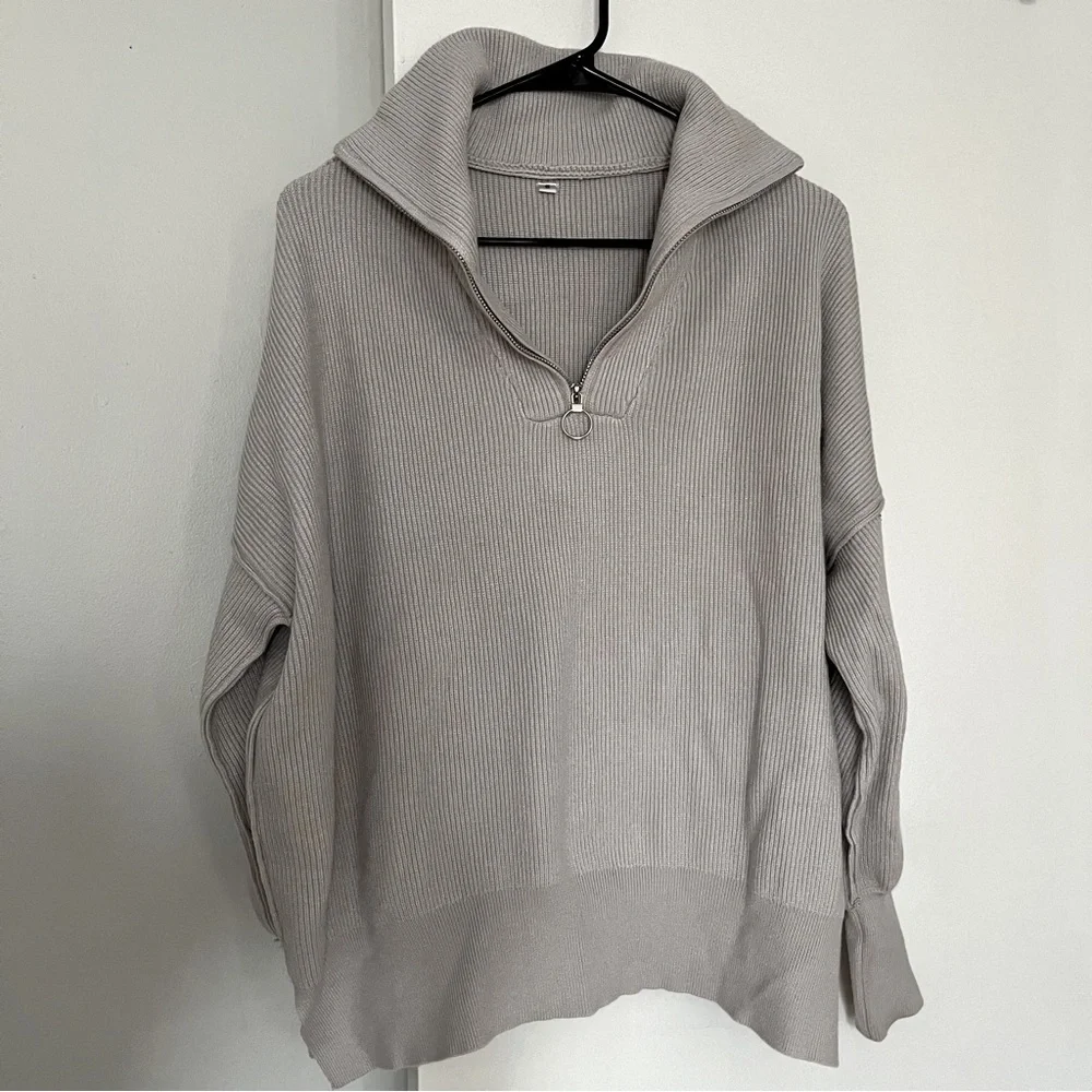 Long Sleeve 1/4 Zipper Collar Drop Shoulder Oversized Slouchy Sweater with Slit - Picture 6 of 8